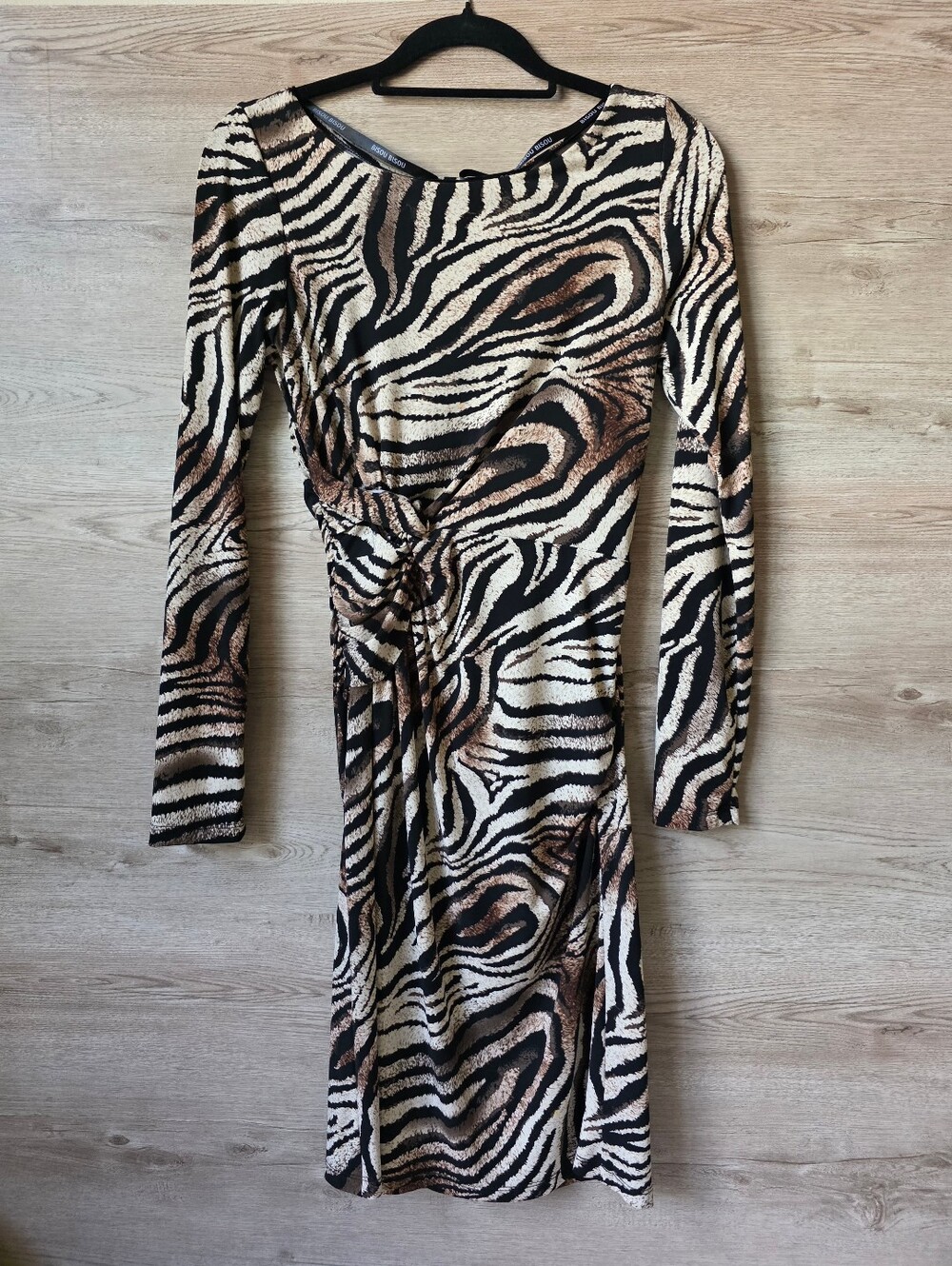 Bisou Bisou Zebra Animal Print Ruched Side Knot Bodycon Dress Long Sleeve Size 8